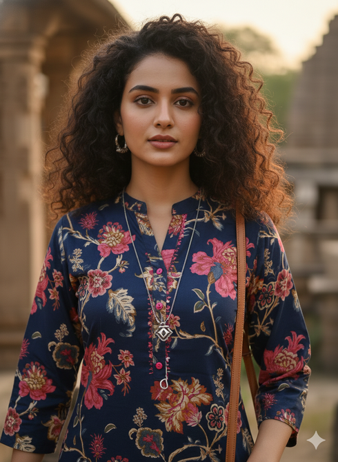 Blue Pure Cotton Jaipuri Floral Printed Kurti