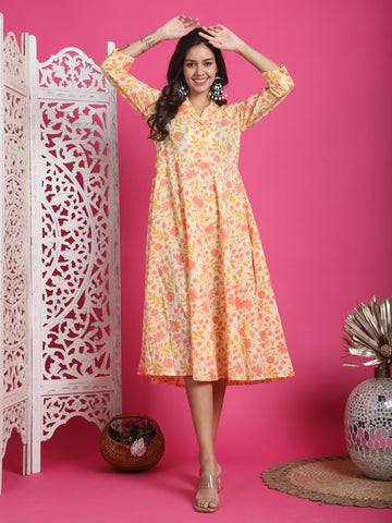 Cream & Orange Pure Cotton Floral Printed Western Dress