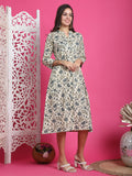 Beige & Grey Pure Cotton Floral Printed Western Dress