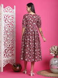 Wine & White Pure Cotton Foil Printed Western Dress