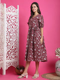 Wine & White Pure Cotton Foil Printed Western Dress