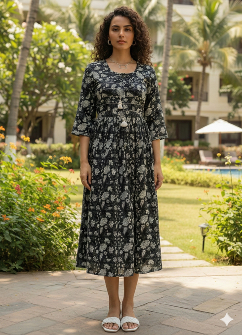 Black & White Pure Cotton Floral Printed Western Dress