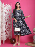 Black & White Pure Cotton Floral Printed Western Dress