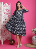 Black & White Pure Cotton Floral Printed Western Dress