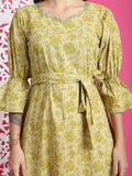 Lime Yellow Pure Cotton Foil Printed Western Dress