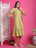 Lime Yellow Pure Cotton Foil Printed Western Dress