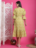 Lime Yellow Pure Cotton Foil Printed Western Dress