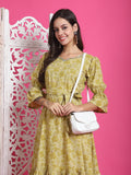 Lime Yellow Pure Cotton Foil Printed Western Dress