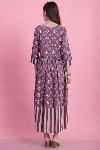 Dusty Mauve Cotton Floral Printed Maternity Gown with Zipper for Women for Pre & Post Pregnancy & Easy Breastfeeding