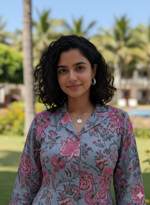 Serene Grey Floral Jaipuri Printed Western Dress