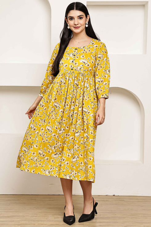 Golden Petal Elegance Jaipuri Printed Western Dress