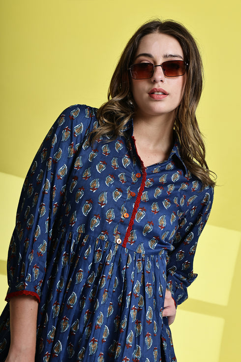 Blueberry Blossom Pure Cotton Jaipuri Printed Western Dress