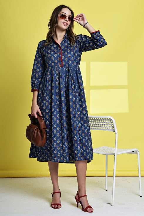 Blueberry Blossom Pure Cotton Jaipuri Printed Western Dress