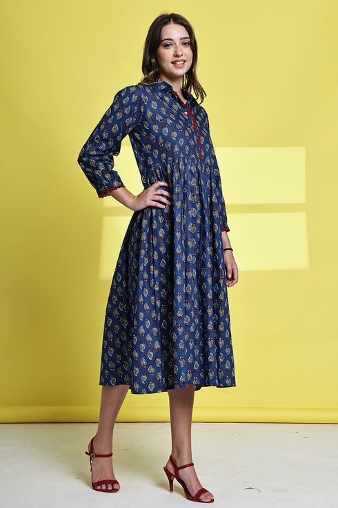 Blueberry Blossom Pure Cotton Jaipuri Printed Western Dress