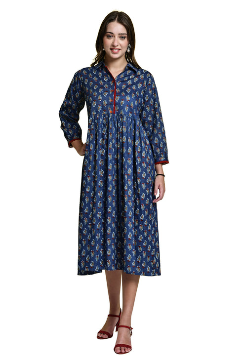 Blueberry Blossom Pure Cotton Jaipuri Printed Western Dress