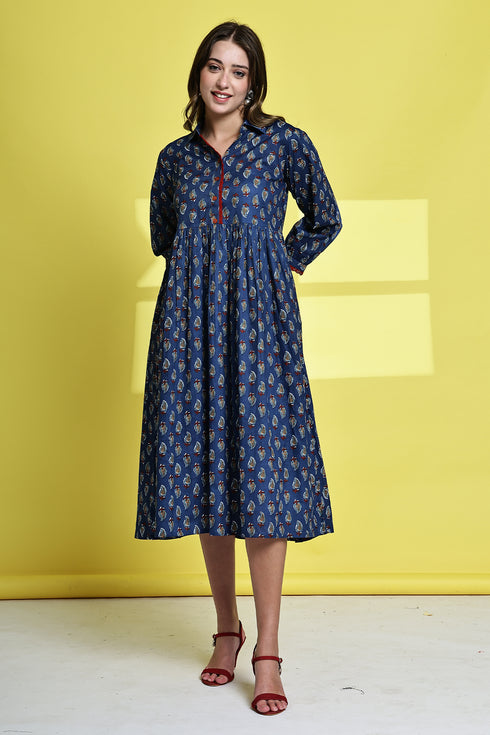 Blueberry Blossom Pure Cotton Jaipuri Printed Western Dress