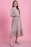 White & Pink Pure Cotton Floral Printed Maternity Gown with Zipper for Women for Pre & Post Pregnancy & Easy Breastfeeding