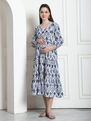 Grey & White Cotton Jaipuri Printed Maternity Gown with Zipper for Women for Pre & Post Pregnancy & Easy Breastfeeding