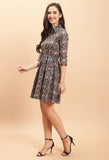 Navy Blue Pure Cambric Cotton Jaipuri Printed Dress