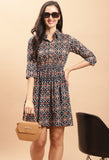 Navy Blue Pure Cambric Cotton Jaipuri Printed Dress