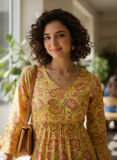 Yellow Pure Cambric Cotton Jaipuri Printed Dress