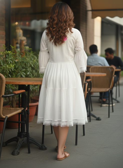 White Cotton Brush Printed Western Dress