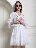 White Cotton Brush Printed Western Dress