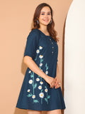 Navy Blue Pure Cotton Floral Paint Western Dress