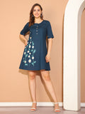 Navy Blue Pure Cotton Floral Paint Western Dress