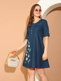 Navy Blue Pure Cotton Floral Paint Western Dress