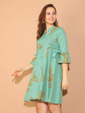 Sage Green Pure Cotton Floral Paint Western Dress