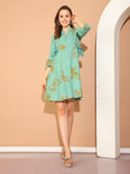 Sage Green Pure Cotton Floral Paint Western Dress