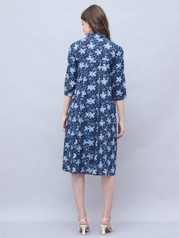 Navy Blue Pure Cotton Floral Printed Western Dress