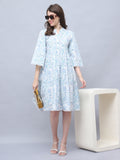 White & Sky Blue Pure Cotton Floral Printed Western Dress