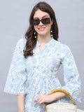 White & Sky Blue Pure Cotton Floral Printed Western Dress