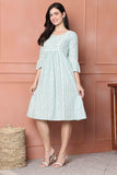 Sea Green & White Women's Pure Cotton Floral Printed Western Dress