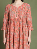 Rajnandini Women's Orange Pure Cotton Jaipuri Printed Western Dress
