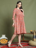 Rajnandini Women's Orange Pure Cotton Jaipuri Printed Western Dress