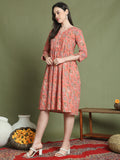 Rajnandini Women's Orange Pure Cotton Jaipuri Printed Western Dress