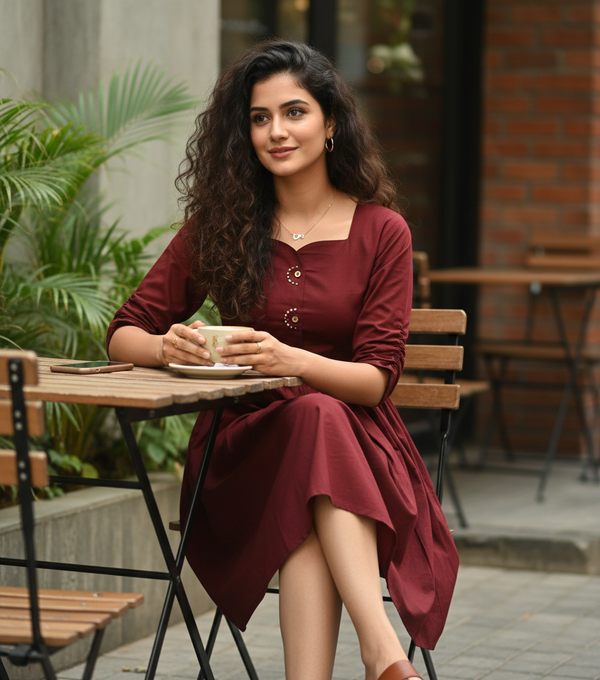 Maroon Cotton Solid Western Dress