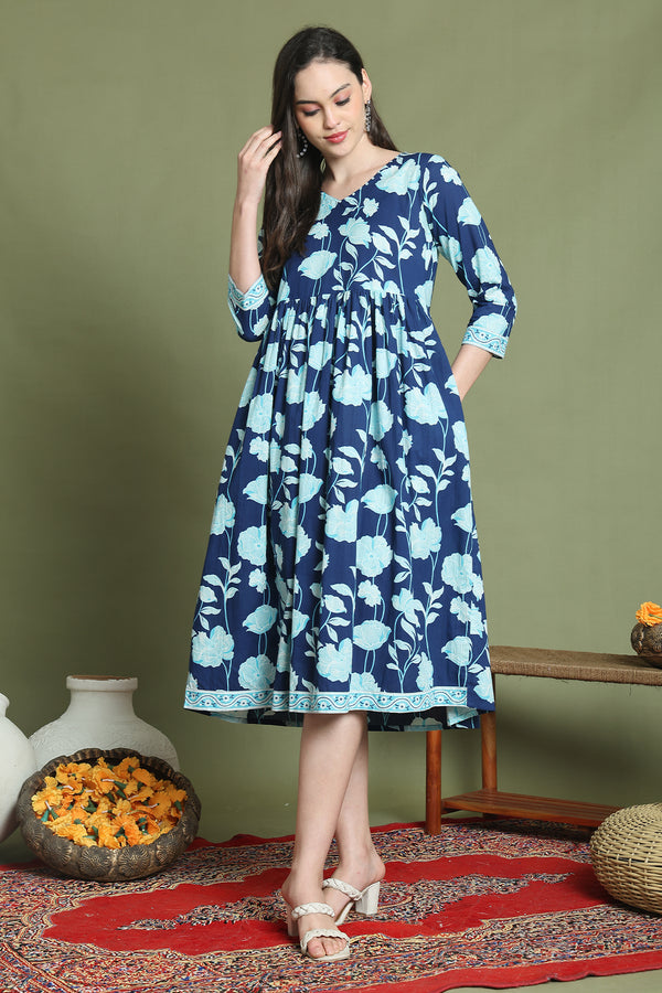 Blue Pure Cotton Jaipuri Printed Western Dress