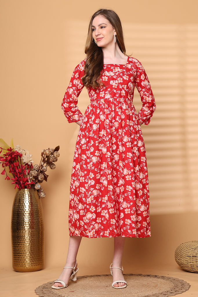 Rajnandini Women Red Pure Cotton Jaipuri Printed Western Dress