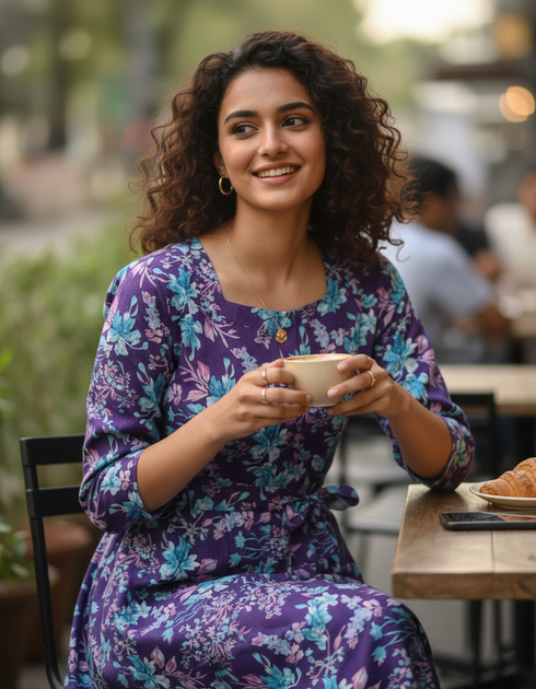 Purple Petal Play Cotton Jaipuri Printed Dress