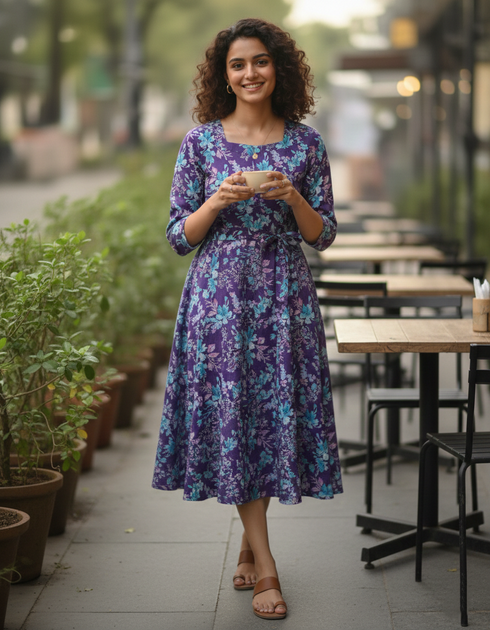 Purple Petal Play Cotton Jaipuri Printed Dress