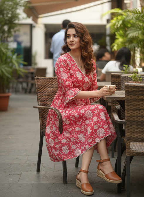 Red Rose Reverie Pure Cotton Jaipuri Printed Western Dress