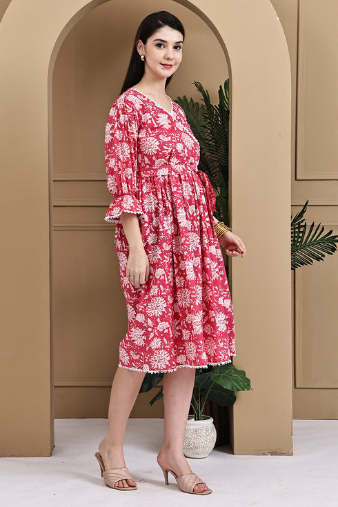 Red Rose Reverie Pure Cotton Jaipuri Printed Western Dress