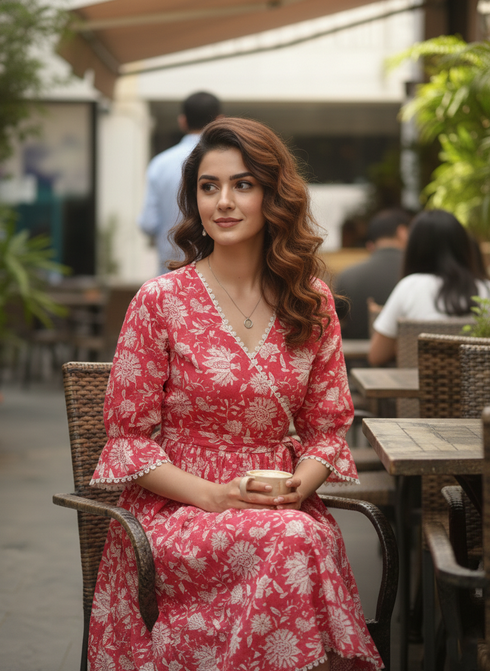 Red Rose Reverie Pure Cotton Jaipuri Printed Western Dress