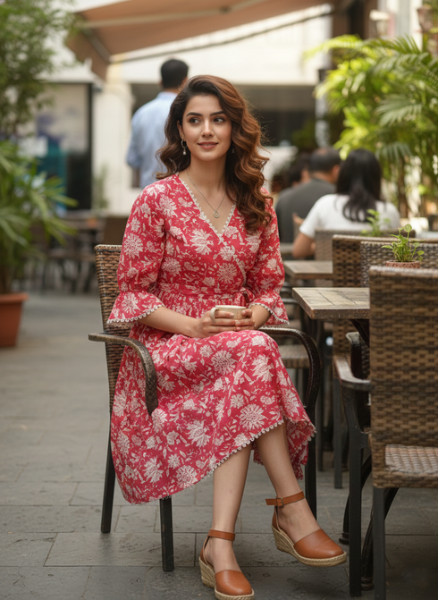Red Rose Reverie Pure Cotton Jaipuri Printed Western Dress