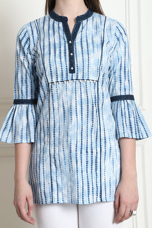 Sky Blue Cotton Tie Die Printed Tunic