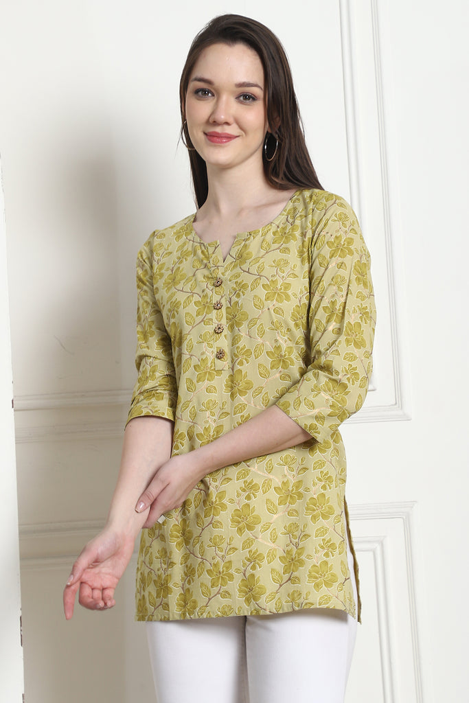 Lime Yellow Cotton Foil Printed Tunic